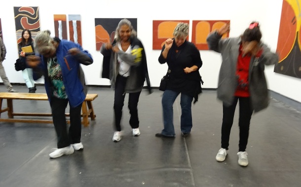 Agnes Armstrong, Peggy Griffiths, Cathy Cummings and Dora Griffiths 'dancing' at their opening at OFOTO Gallery M50 Shanghai - April 2013